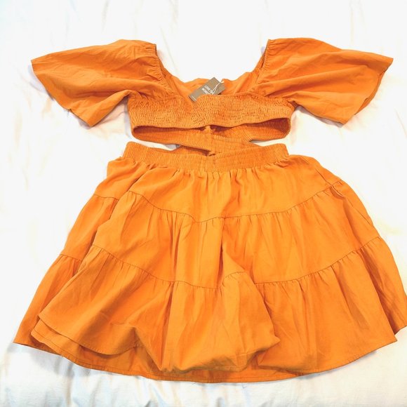 Tangerine Square Neck Cutout Waist Flutter Sleeve Cotton Dress - NWT - Picture 7 of 13